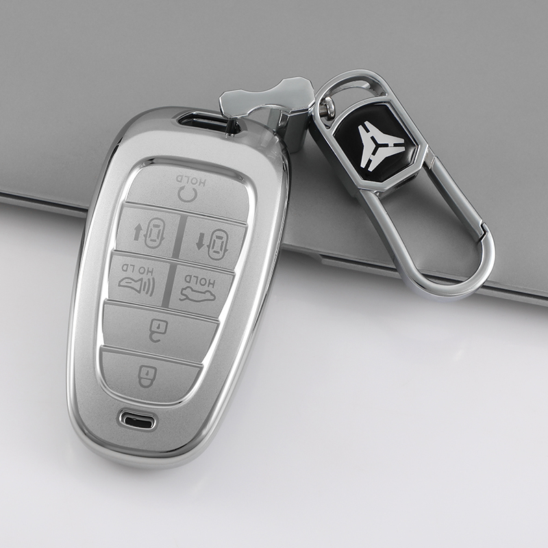 Funda para llave de 7 botones Tipo H + Llavero metálico - Plata