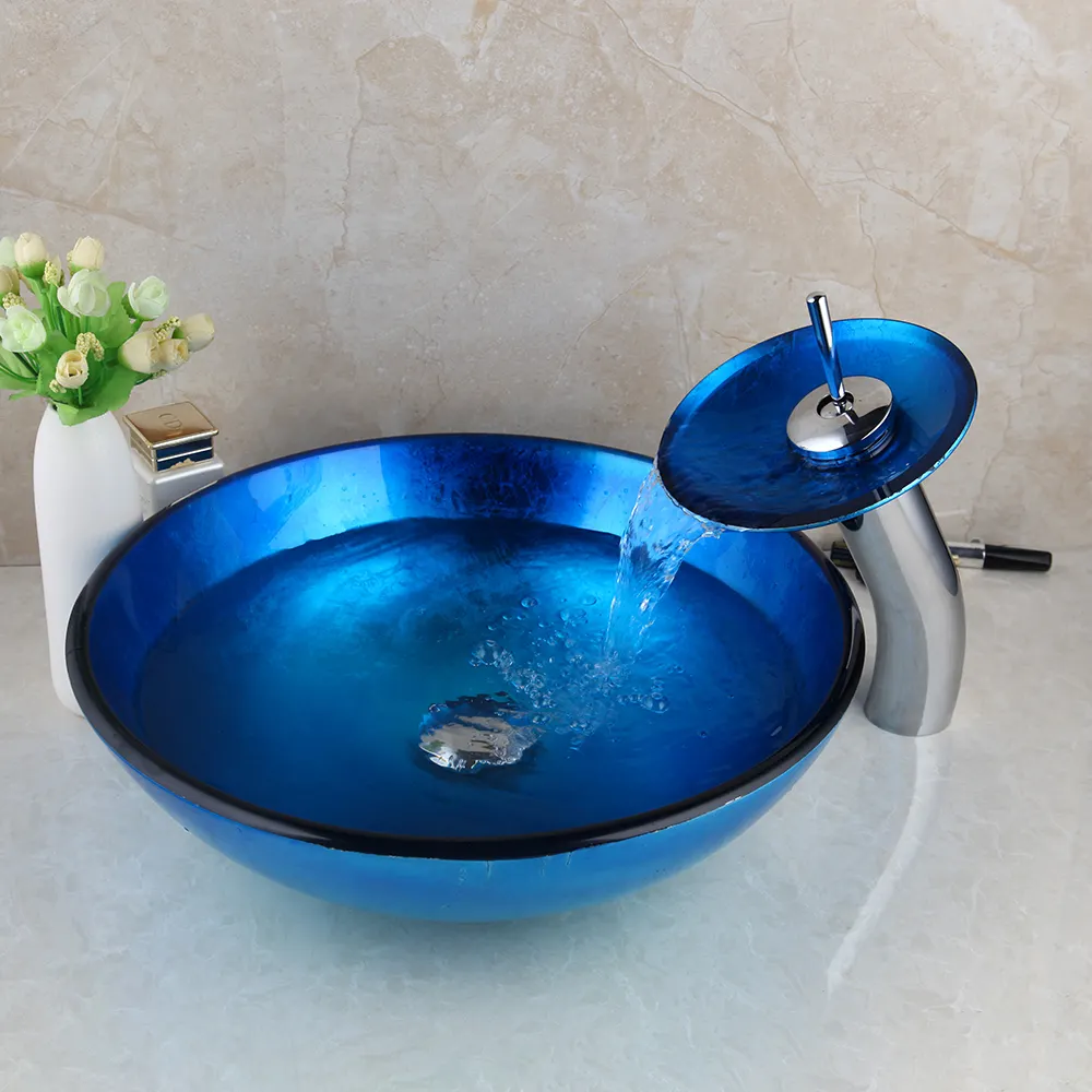 Jiimi torneira para banheiro, torneira para banheiro azul pintada de vidro temperado com misturador de água quente e água fria