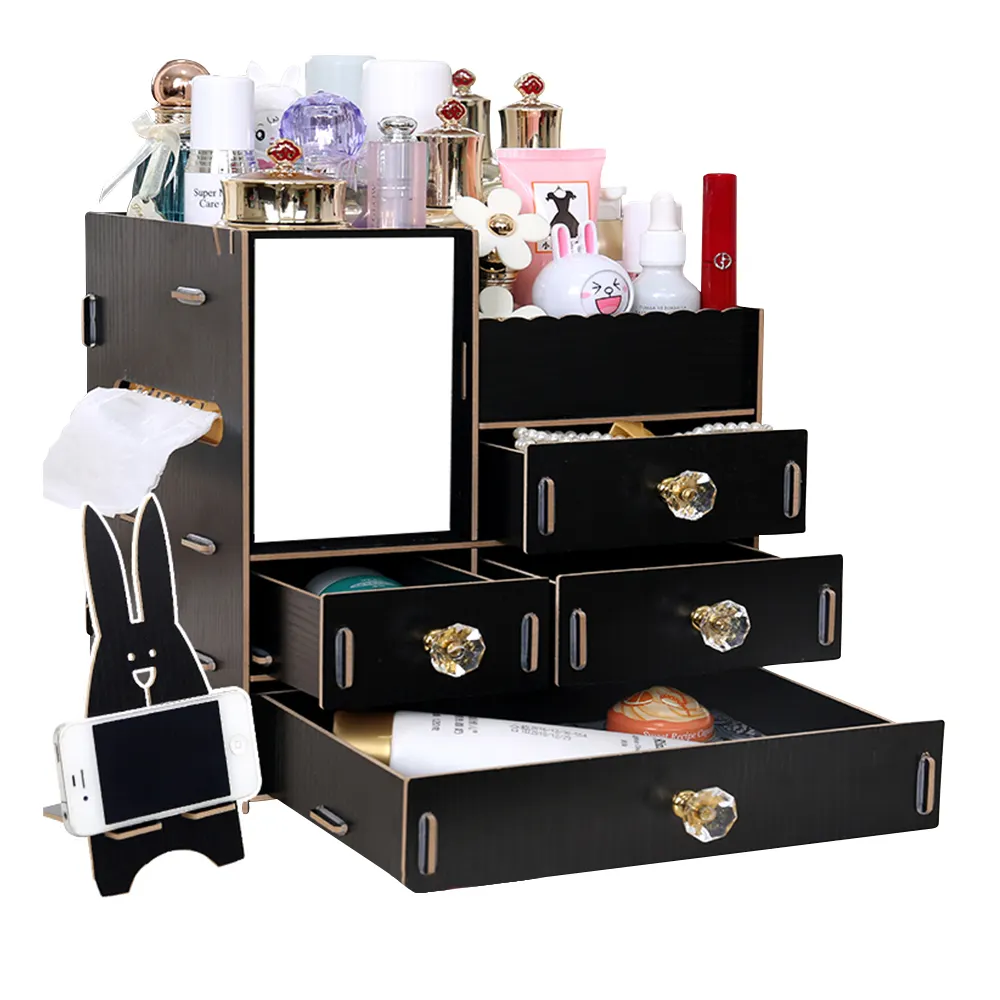 Estuche de almacenamiento de cosméticos DIY de madera caja de maquillaje organizador de joyas ideal para baño, tocador, tocador y encimera