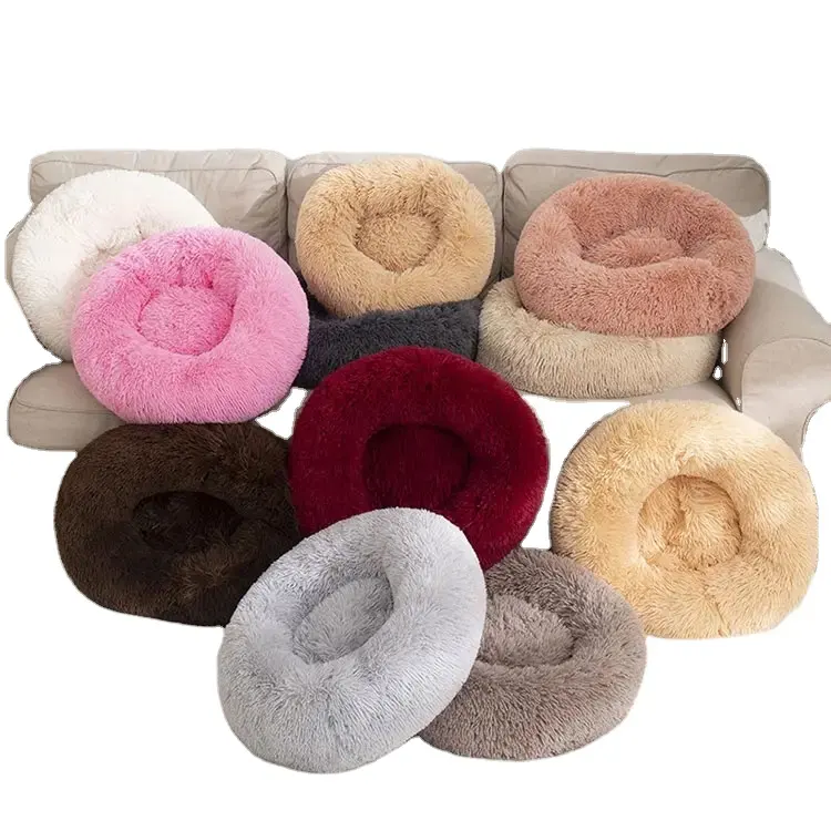 Calming Shag Vegan Faux Fur Pet BedWarm Round Donut Cuddler Luxury Animal Bed Cat Cushion cama Pet Beds for Dog