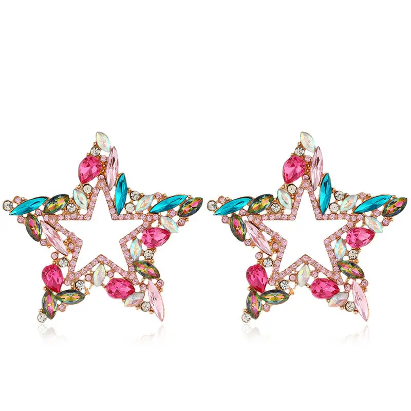 HOVANCI European 5 Shiny Colorful Glass Drill Hollow Star Stud Earrings Rhinestone Crystal Star Pentagram Stud Earrings