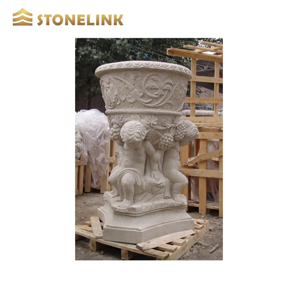 Garden decoration Western stone garden products large white marble flowerpot with angel sculpture