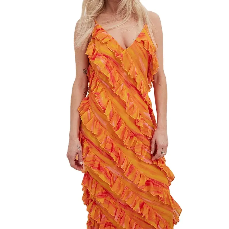 Vestido maxi casual longo e elegante de chiffon com babado e babado laranja para mulheres, moda verão personalizada
