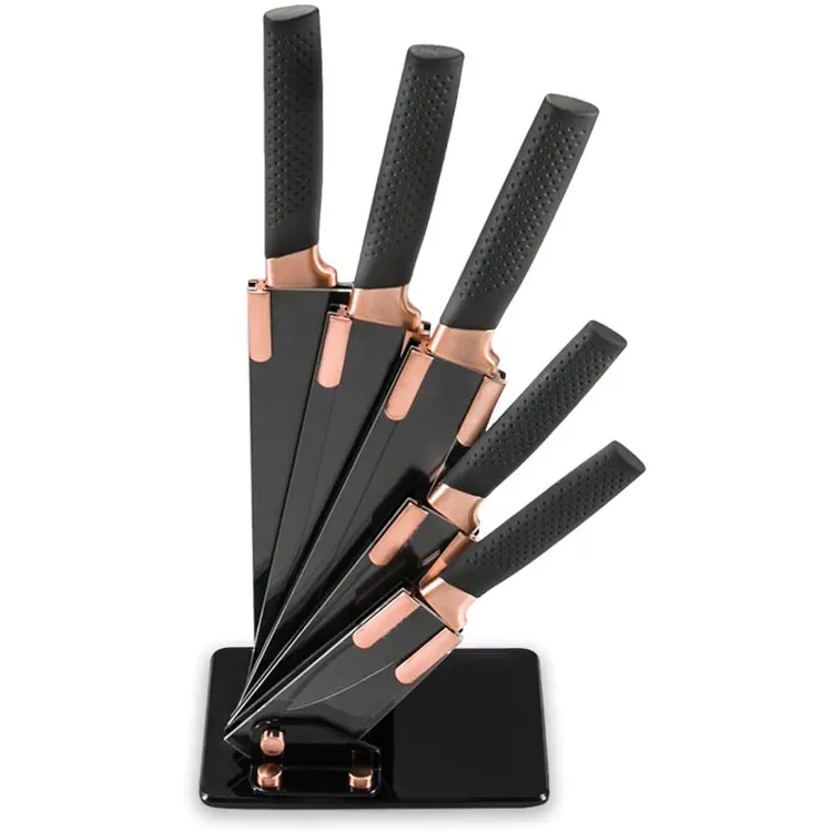 Новый дизайн, набор из 6 черных кухонных ножей с антипригарным покрытием и ручкой из розового золота