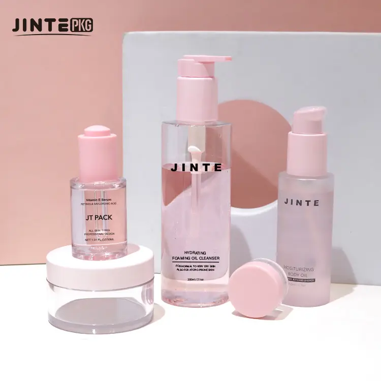 Di lusso vuoto lozione per la cura della pelle crema Spray rotondo rosa bottiglia cosmetica confezione con pompa