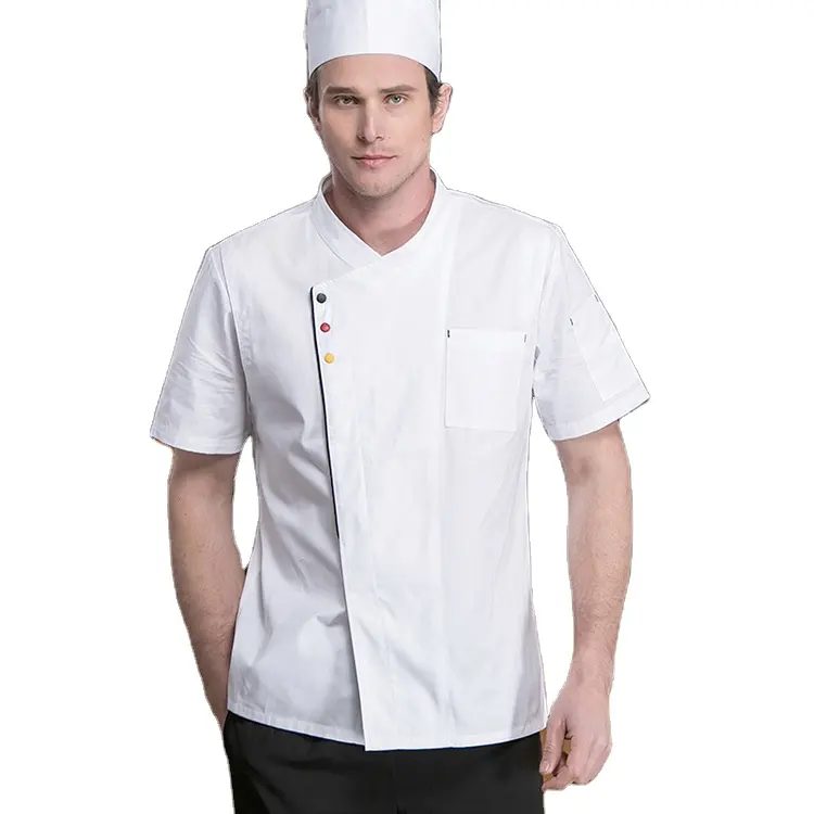 Collare Obliquo Chef Uniforme da Forno da Cucina Chef Giacca a Maniche Corte Traspirante Camicia Cuoco Cuoco Ristorante Ristorazione Commercio All'ingrosso di Abbigliamento