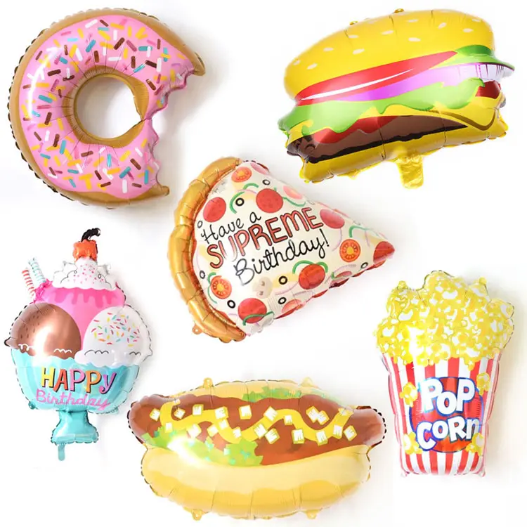 Ballon en aluminium pour décoration d'anniversaire, desserts, nourriture, burger, popcorn, pizza, chien chaud, donuts, crème glacée