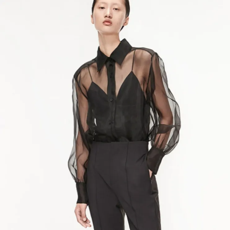 Blusa de Organza negra para mujer, blusa transparente Sexy, Top