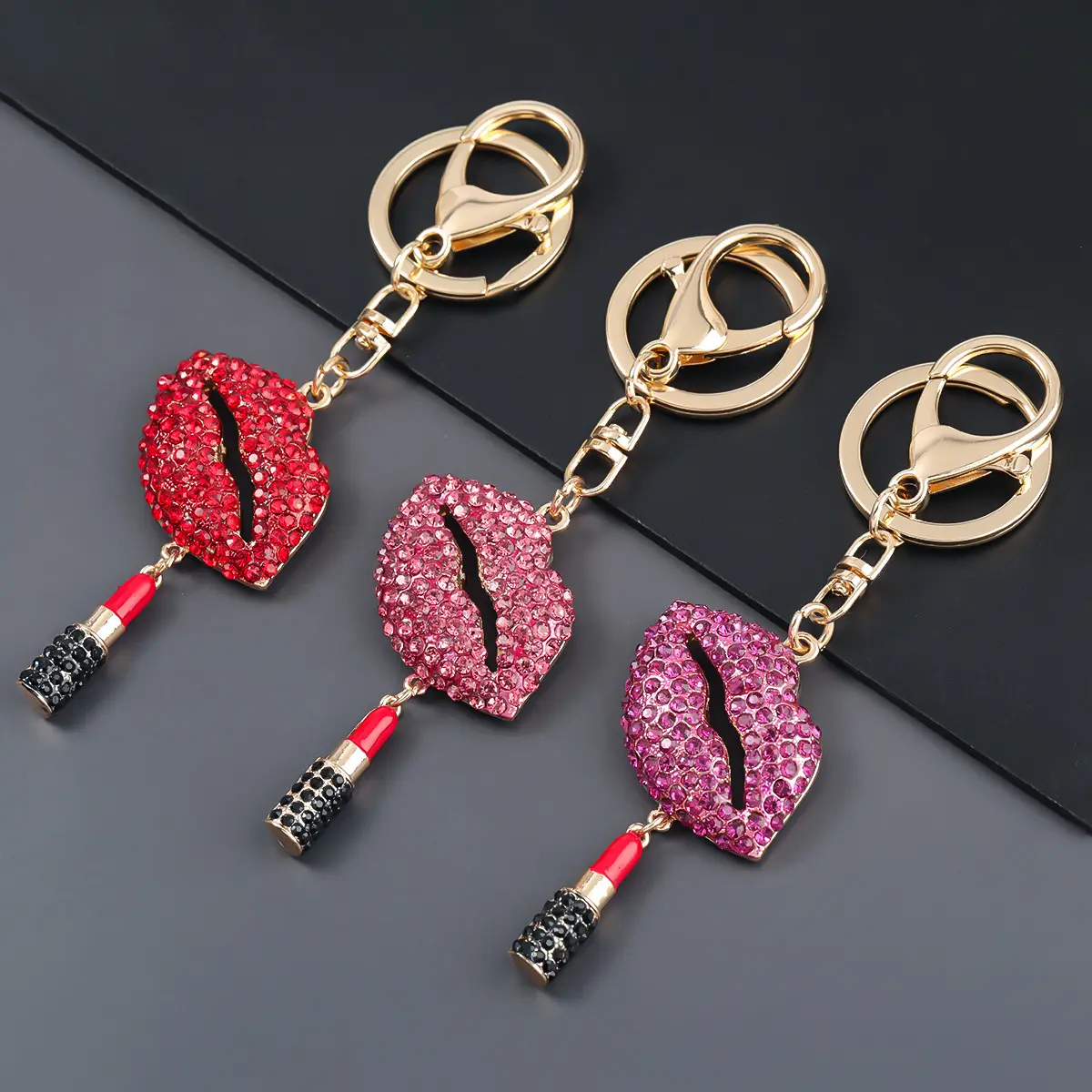 Luoveijer — porte-clé avec strass pour femmes, maquillage, Sexy, chaîne avec pendentif pour lèvres, en cristal et rouge à lèvres
