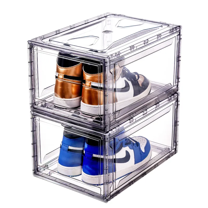 Atacado personalizado Plastic Sneaker Empilhável Sapato Caixas De Armazenamento Drop Front Acrílico Gaveta Tipo Magnético Clear Shoe Box
