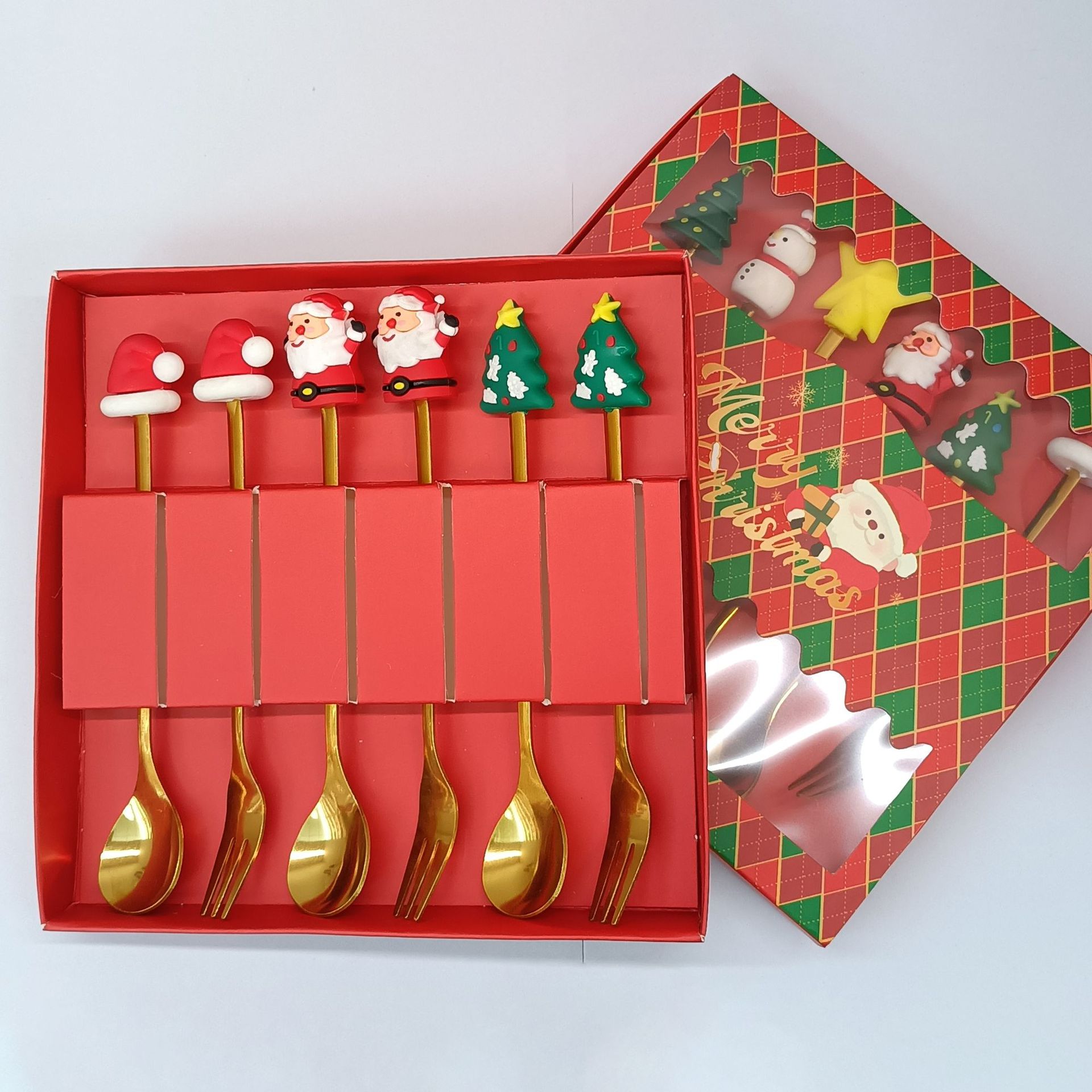 Ensemble de couverts (cuillère et fourchette) en forme de B, poli à la machine, couleur or - 6 pièces - Rouge Noël