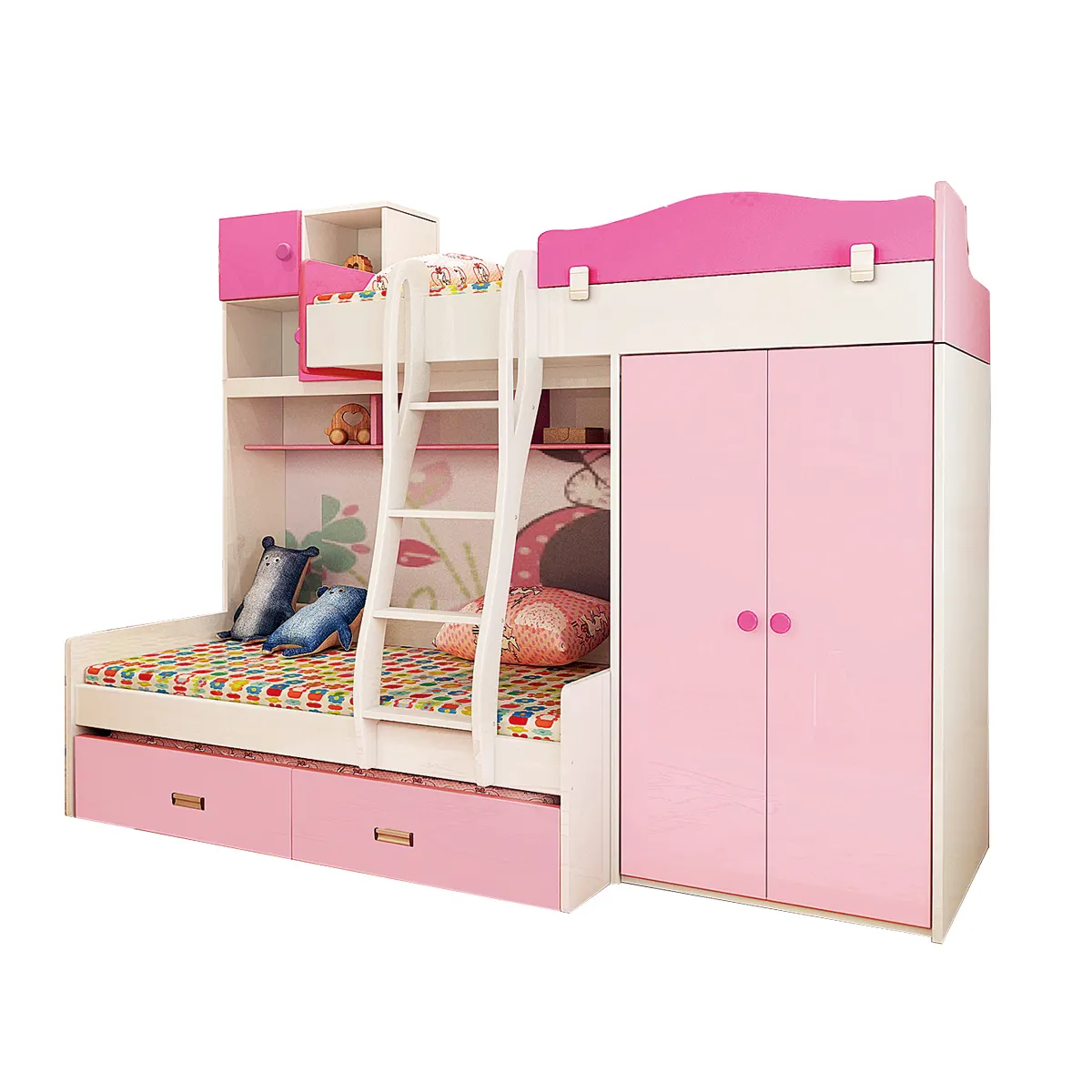 Muebles de dormitorio de princesa para niños, litera de madera de melamina con funciones variadas, color rosa