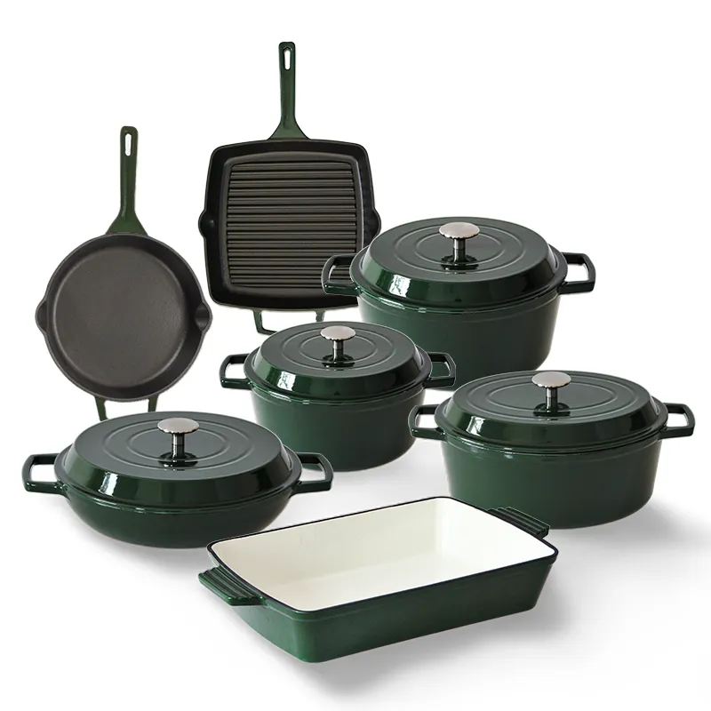 Conjunto de panelas de ferro fundido, conjunto de utensílios de cozinha brilhante de alta qualidade com esmalte verde escuro, forno antiaderente