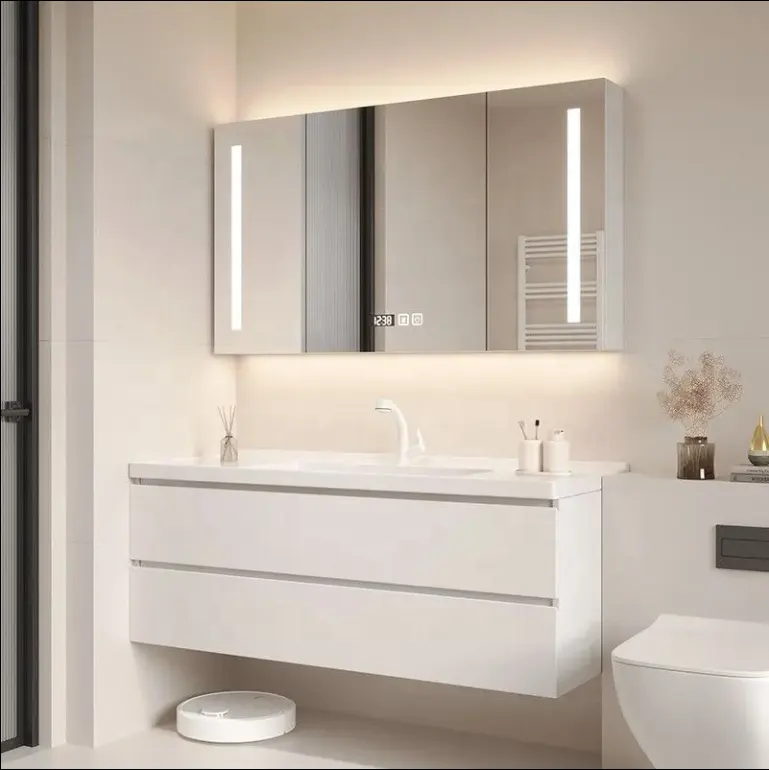 Combinaison de salle de bain moderne armoire de lavage des mains blanche toilette toilette lumière armoire miroir de salle de bain de luxe
