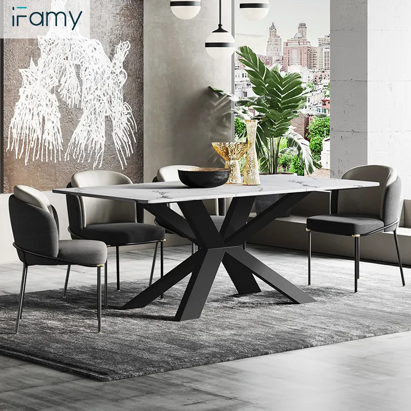 Artificial Marble Stainless Steel Black Titanium Plated Modern Dining Table