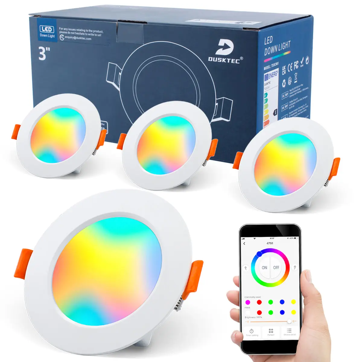 Plafonnier LED Ultra mince DUSKTEC 4 pouces 6W 600LM contrôle par application rvb multicolore et blanc chaud plafonnier encastré intelligent 4 pièces