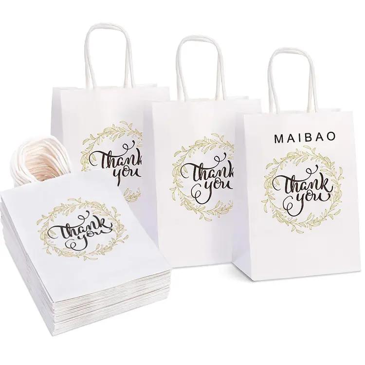 Logo di stampa di dimensioni personalizzate all'ingrosso Fancy grazie sacchetto di carta Kraft bianco sacchetto regalo personalizzato per matrimonio di giorno speciale con manico