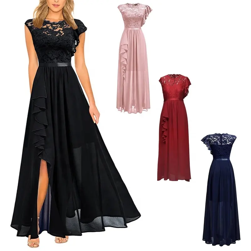 Custom Dames Kant Lijfje Trapsgewijs Ruche Split Chiffon Avondjurk Elegante Cocktail Jurk Voor Prom