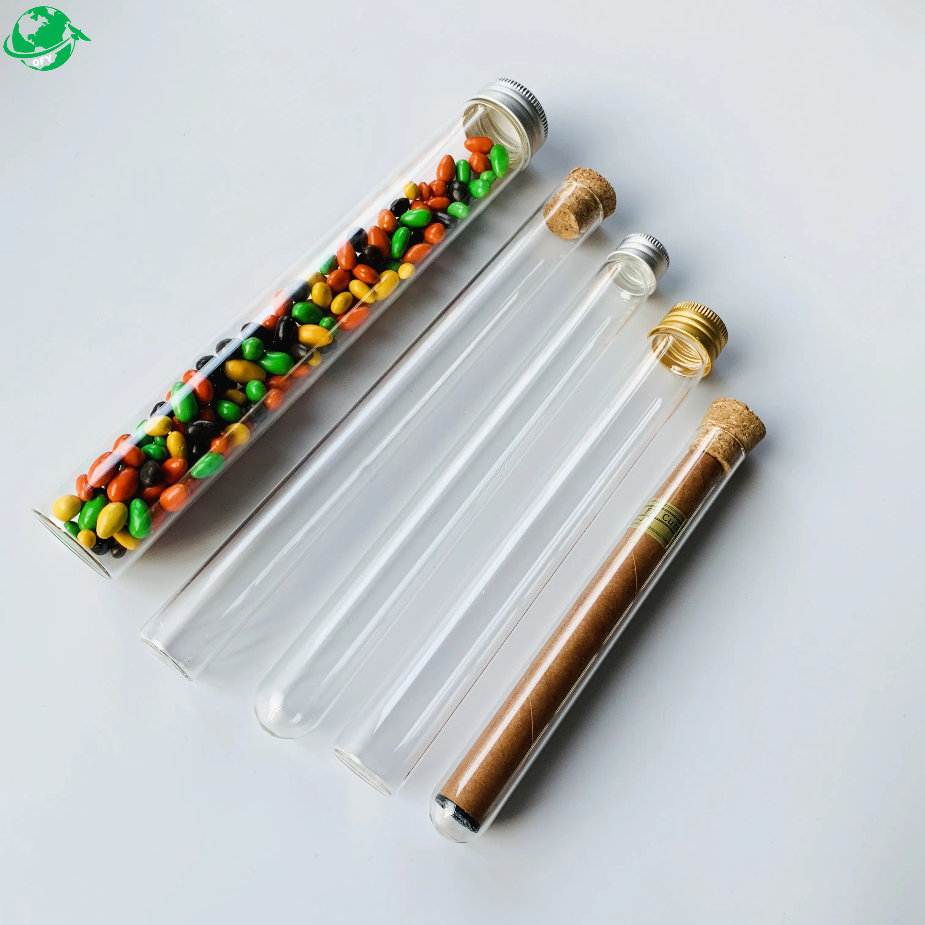 Bouteilles en verre à Tube à essai de qualité alimentaire avec fond plat rond avec dessus en liège pour grains de café vanille