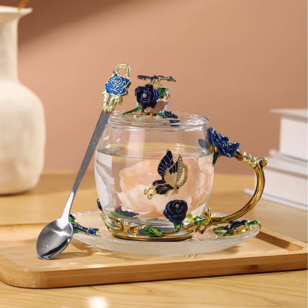 Taza Corta Rosa Azul con Cuchara, Tapa y Plato (Embalaje de Espuma)