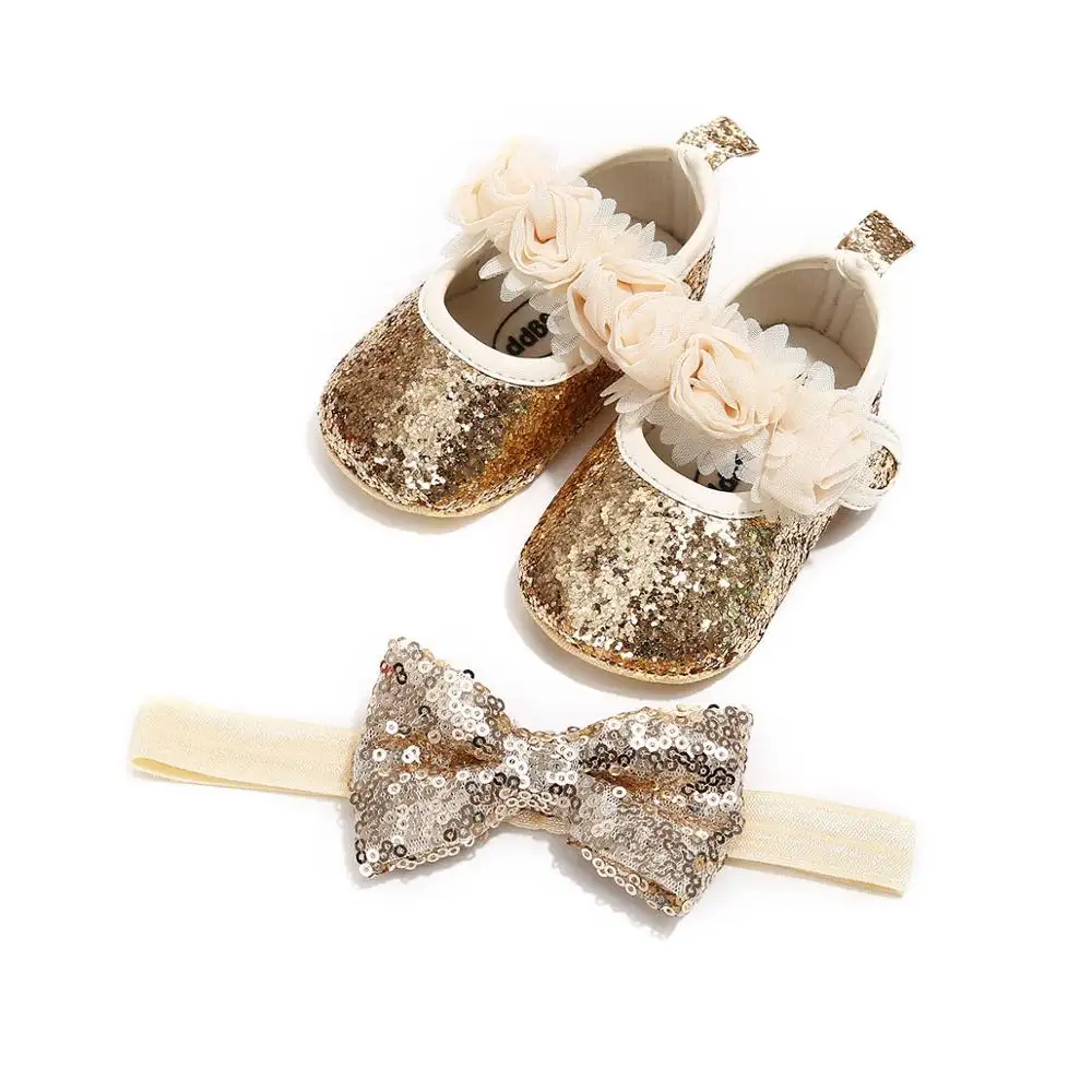 Chaussures de berceau pour bébés filles et garçons, nouveau-né, à paillettes et fleurs, avec crochet plat, princesse, et bandeau, 2 pièces,