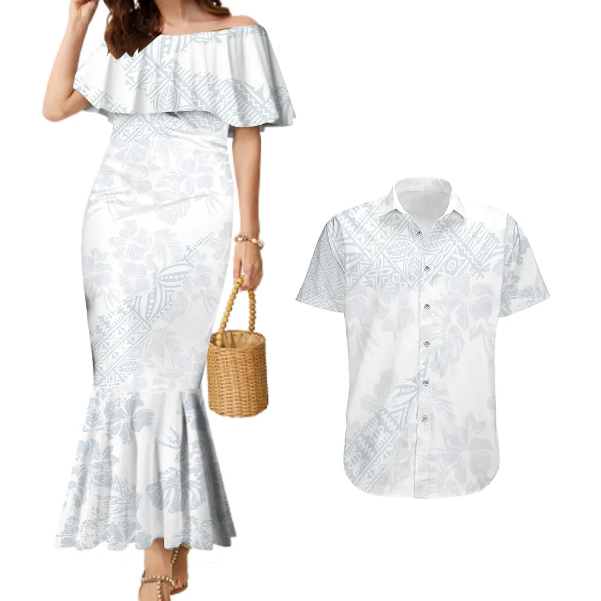 Vestido de sirena a juego de pareja de Domingo Blanco samoano con estampado personalizado, camisa hawaiana, falda larga ajustada especial de hibisco