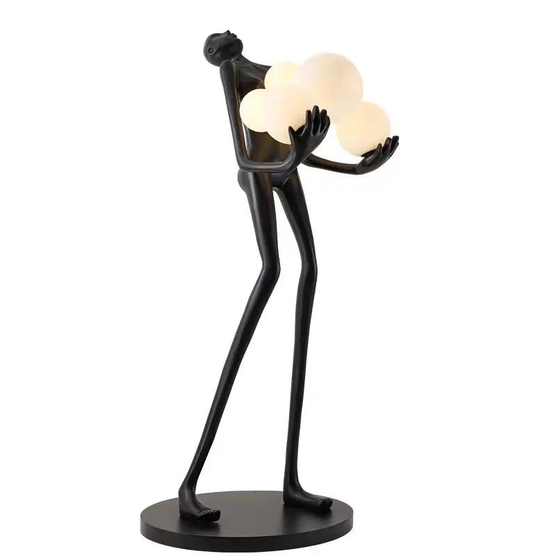 Lâmpada de chão para decoração de casa, popular, para pessoas altas, pendurar bolas, estátua preta, lâmpada de chão de canto para sala de estar, lâmpada de vidro LED de frp