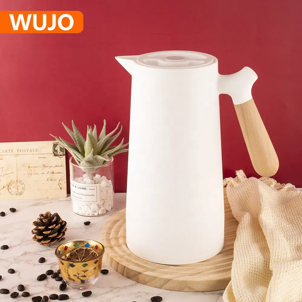 WUJO Ins نمط 1 لتر مخصص-بطانة جدار مزدوج-وعاء قهوة بلاستيكي بمقبض خشبي