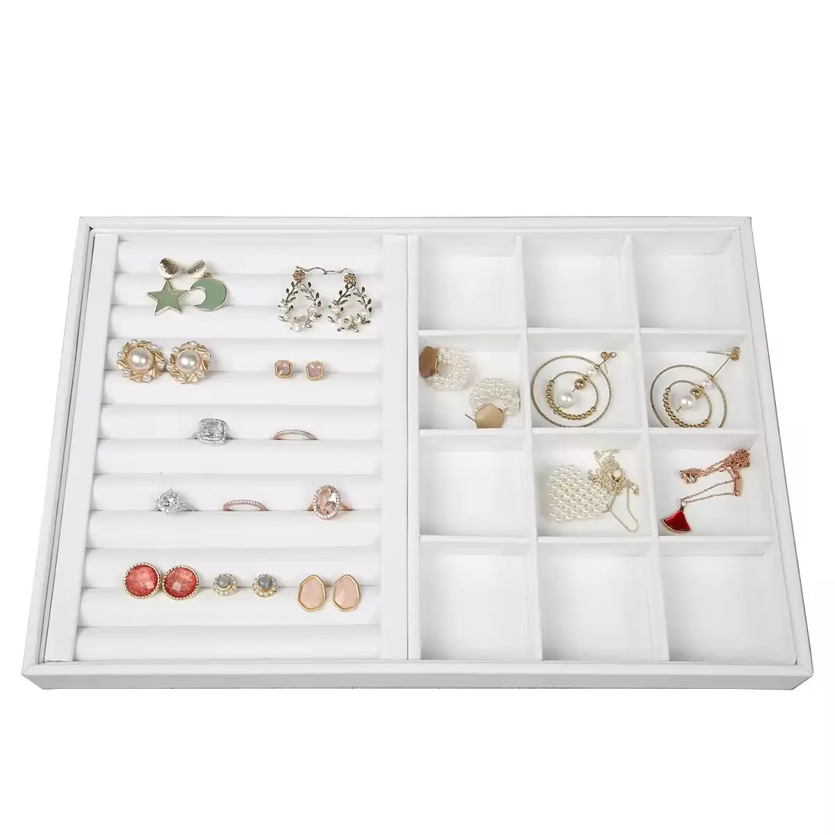 Multifunctional White PU leather Jewellery Tray Necklace Ring Bracelet Pendant Living Room with Jewelry Display Case