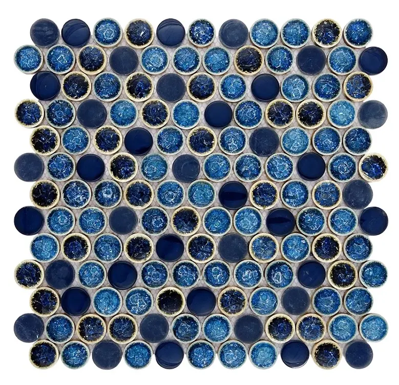 Azulejo de mosaico de cerámica de mezcla de vidrio de color azul zafiro 3D cristal en forma de moneda mosaico de vidrio de forma redonda para baño cocina L