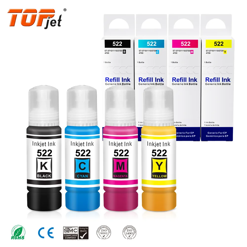 Topjet Original Quality 522 T522 Water Based Bulk Bottle Refill Kit Tinta Ink Compatible For Epson ET2710 1110 2720 4700 Printer