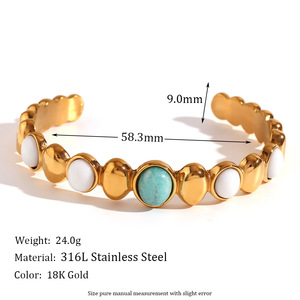 Titanium Steel With 18K Gold Plated Oval Azurite <strong>White</strong> <strong>Jade</strong> Opening Jewelry 18K Gold Plated Stainless Steel Bracelets - Product Image 2