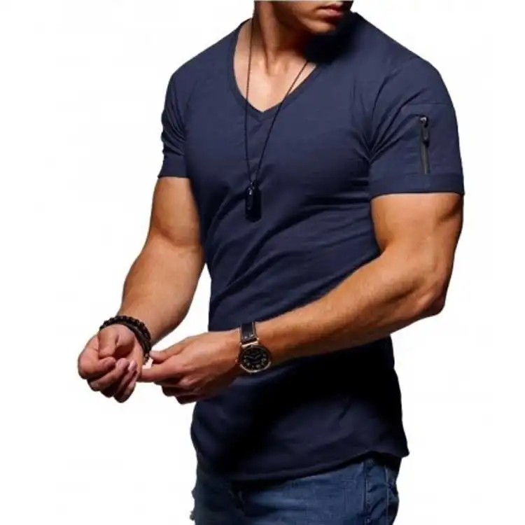 Dukale-camisetas de algodón de bambú con cuello en V para hombre, camisas con bolsillo y cremallera en el brazo