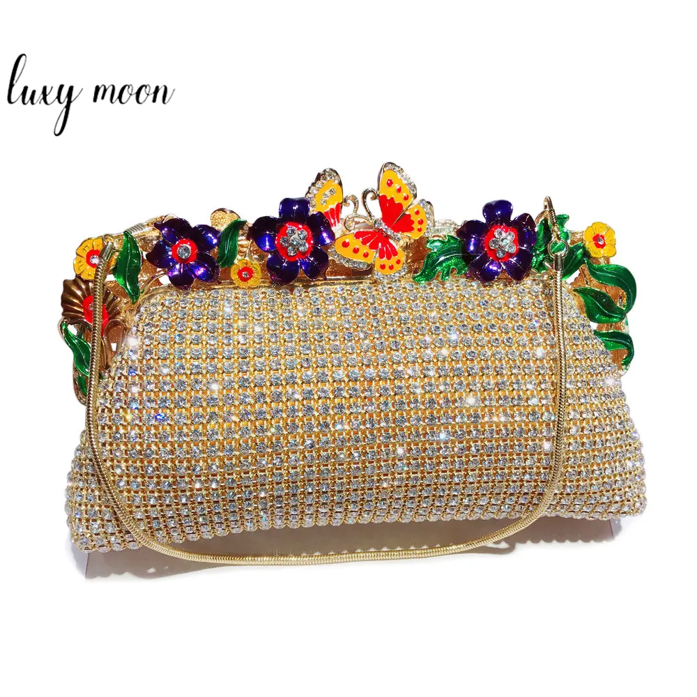 Luxury Colorful Flowers Ceremony Clutch Bag Diamond Dinner Purse Golden Bride Bag Ladies Evening Bag NE823