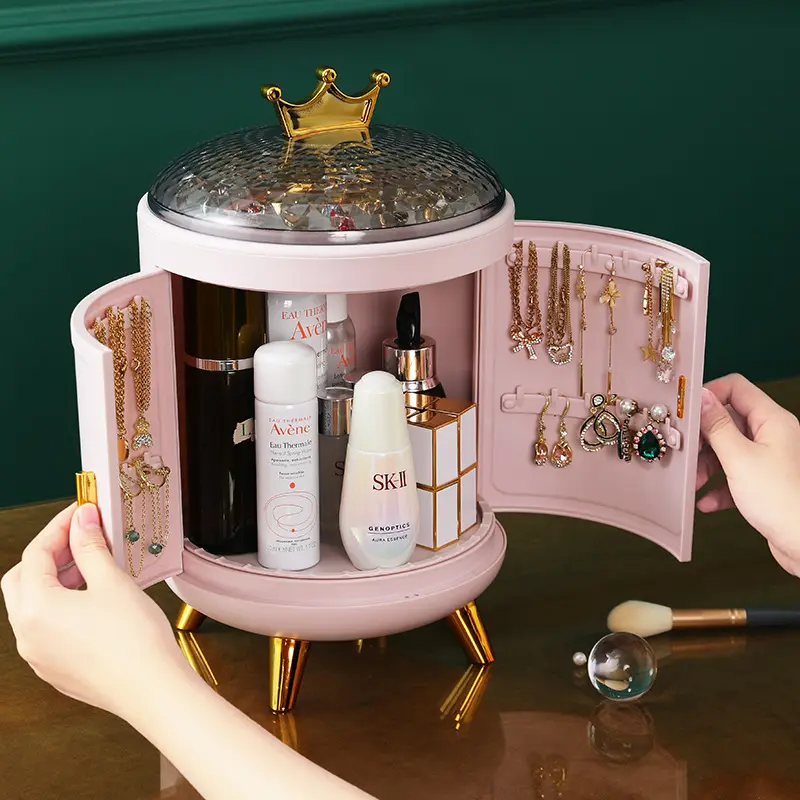 2023 Desktop Jewelry Holder Stand Rotary Shelf Magic Case Pink Plastic Makeup Organizer 360 Degree Rotating Cosmetic Storage Box