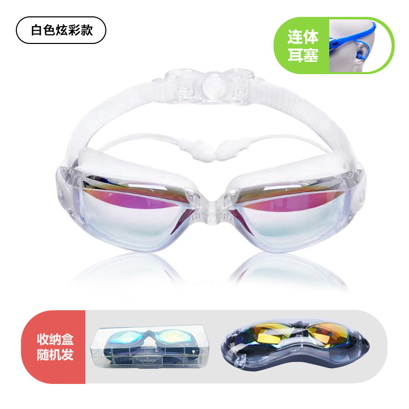 White-rimmed colorful glasses, anti-fog and UV protection.