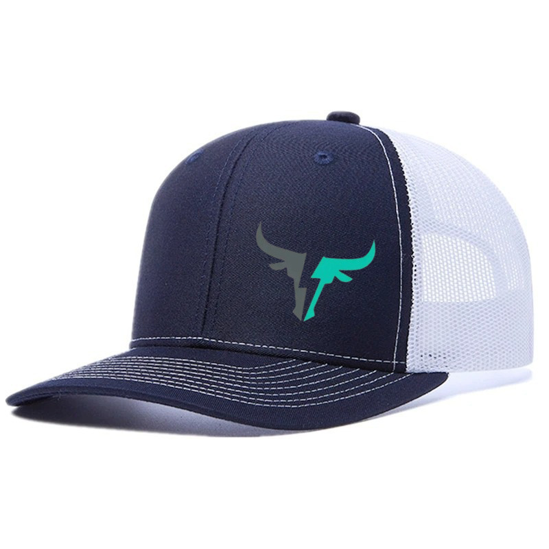 Green bull's head, navy blue and white netting