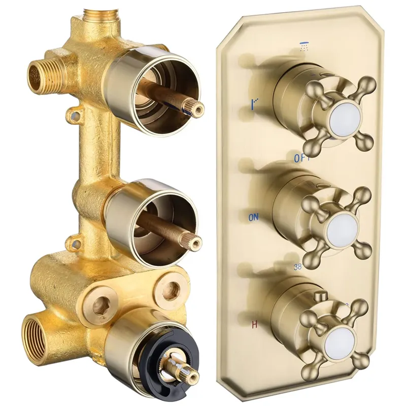 Solid Brass Brushed Gold 3 Way Thermostatic Shower Diverter Valve Concealed Shower Mixing Valve