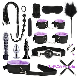 15pcs/套黑色PU皮革束缚套装鞭子面具奶嘴夹手铐BDSM套装成人情侣调情SM游戏5m绳束缚