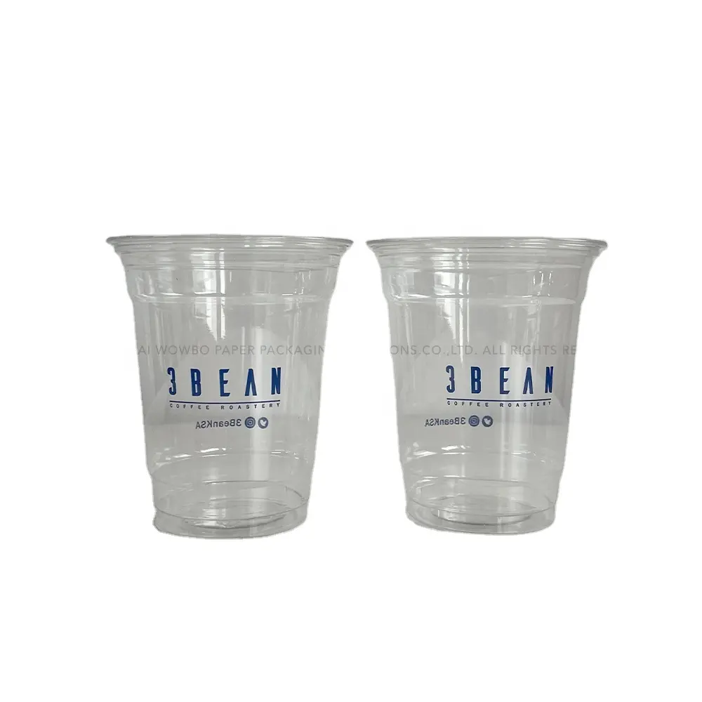 Alta calidad de moda superior al por mayor 8oz 10oz desechable logotipo azul personalizado para llevar café frío té de la leche taza de plástico transparente con tapa