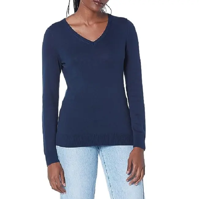 맞춤형 슬림 핏 여성용 긴 소매 풀오버 스웨터 골지 커프스 V 넥 캐주얼 단색 스웨터 공장 가격