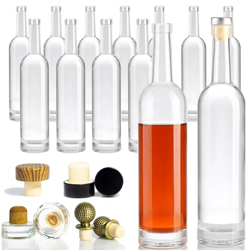 Benutzer definierte 200ml 375ml 500ml 750ml 1000ml transparente runde leere Flint glas Schnaps Wein Whisky Wodka Tequila Flasche mit Kork deckel