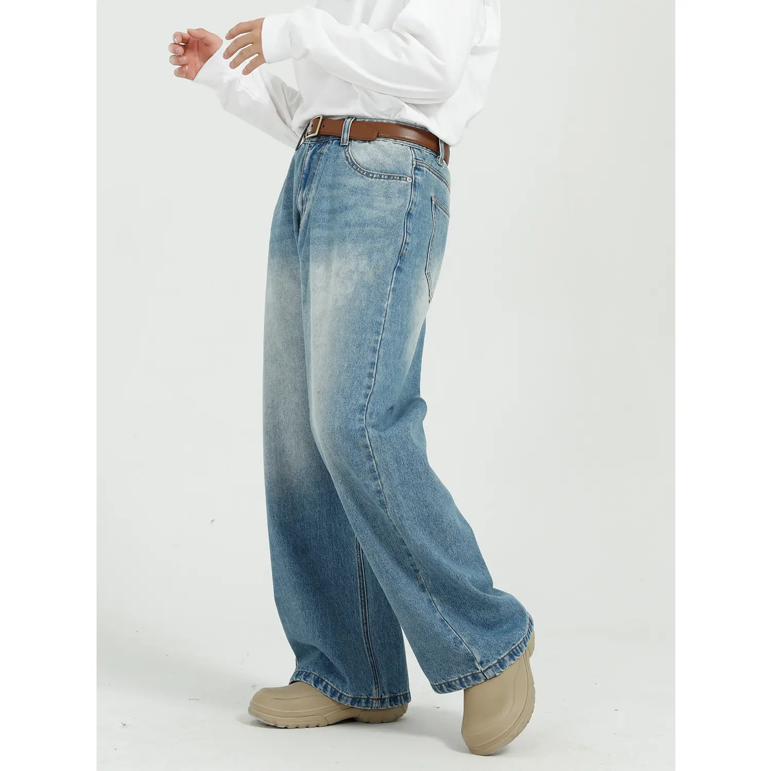 DOMAX Calça jeans para homens, moda fashion folgada, com bico selvagem, novidade para homens, roupa de banho folgada e folgada, azul