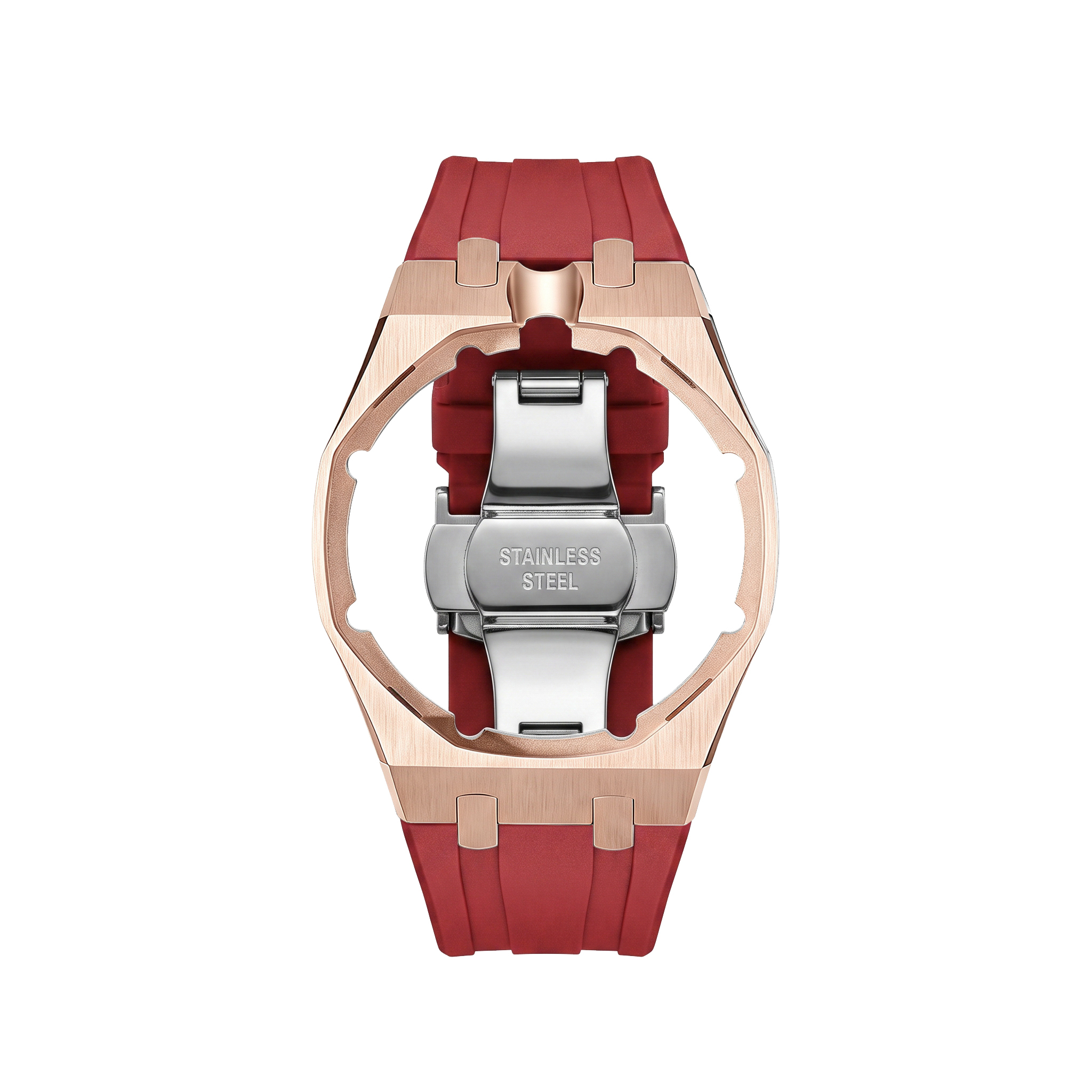 Boîtier en acier inoxydable or rose + bracelet en silicone rouge