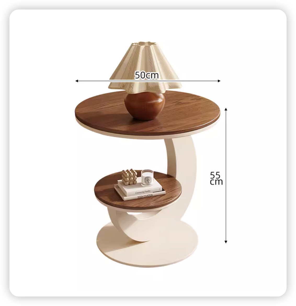 Base couleur crème + plateau en noyer - Table d'appoint simple 50 cm