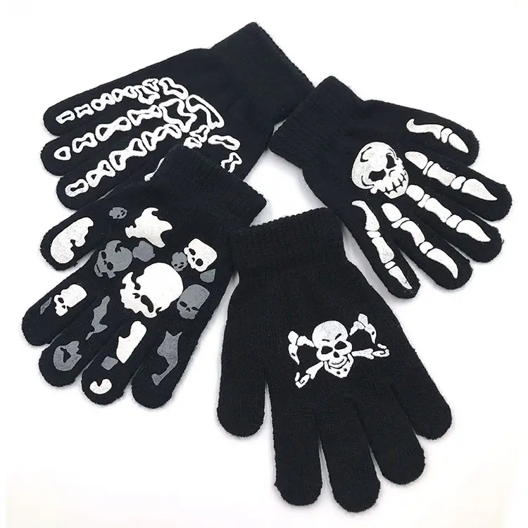 Gants d'hiver en laine tricotée Demi-doigts complets avec griffe à écran tactile Gants d'Halloween imprimés pour adultes
