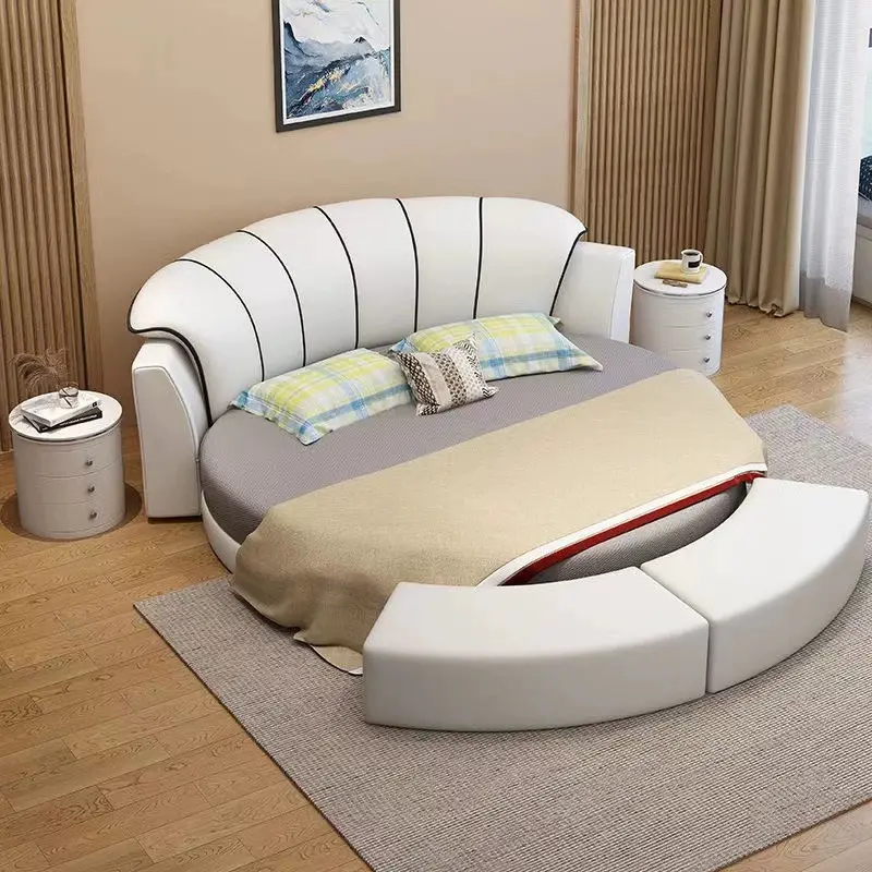 سرير مستدير شائع جدا حديث مريح كبير سرير مستدير مع تخزين سرير متعدد الوظائف مع جلد وخشب سويد
