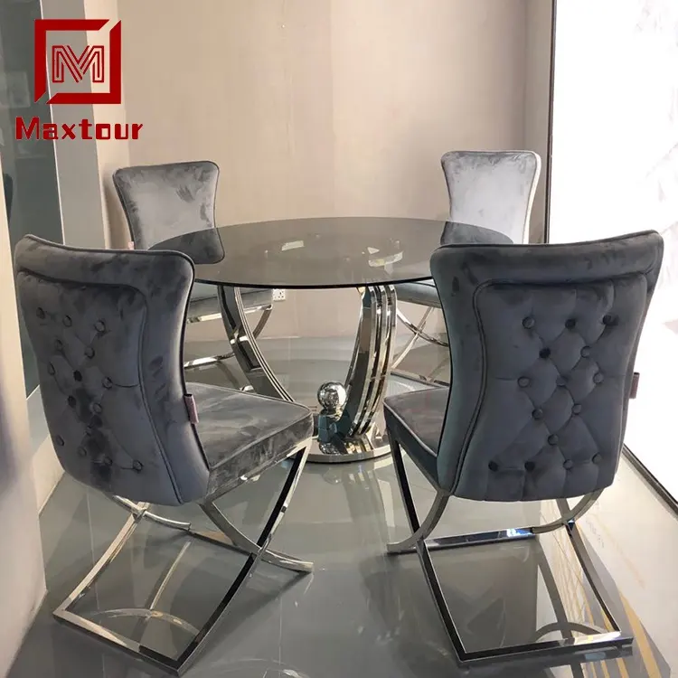 OE moda paslanmaz çelik yuvarlak cam yemek masaları sandalye setleri