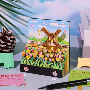 Nota de escultura de papel de molino de viento emergente 3D, regalo creativo hecho a mano, manualidades de papel Diy, Bloc de notas 3D con tulipanes de colores - Product Image 1