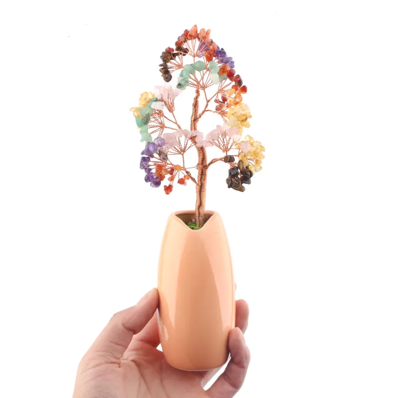 High quality natural gemstone Promotional Gift 7 chakras crystal tree in Porcelain Vase